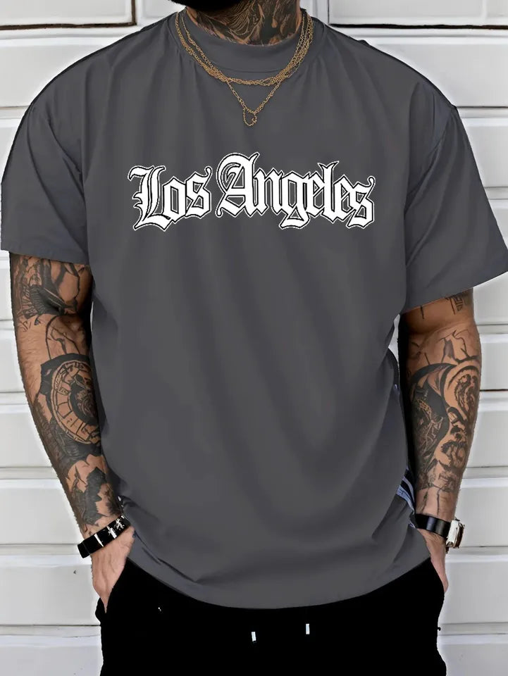 Men's Summer Sports Round Neck Comfortable Breathable T-shirt Los Angeles Letter Printed Polyester Fabric Casual Loose Top