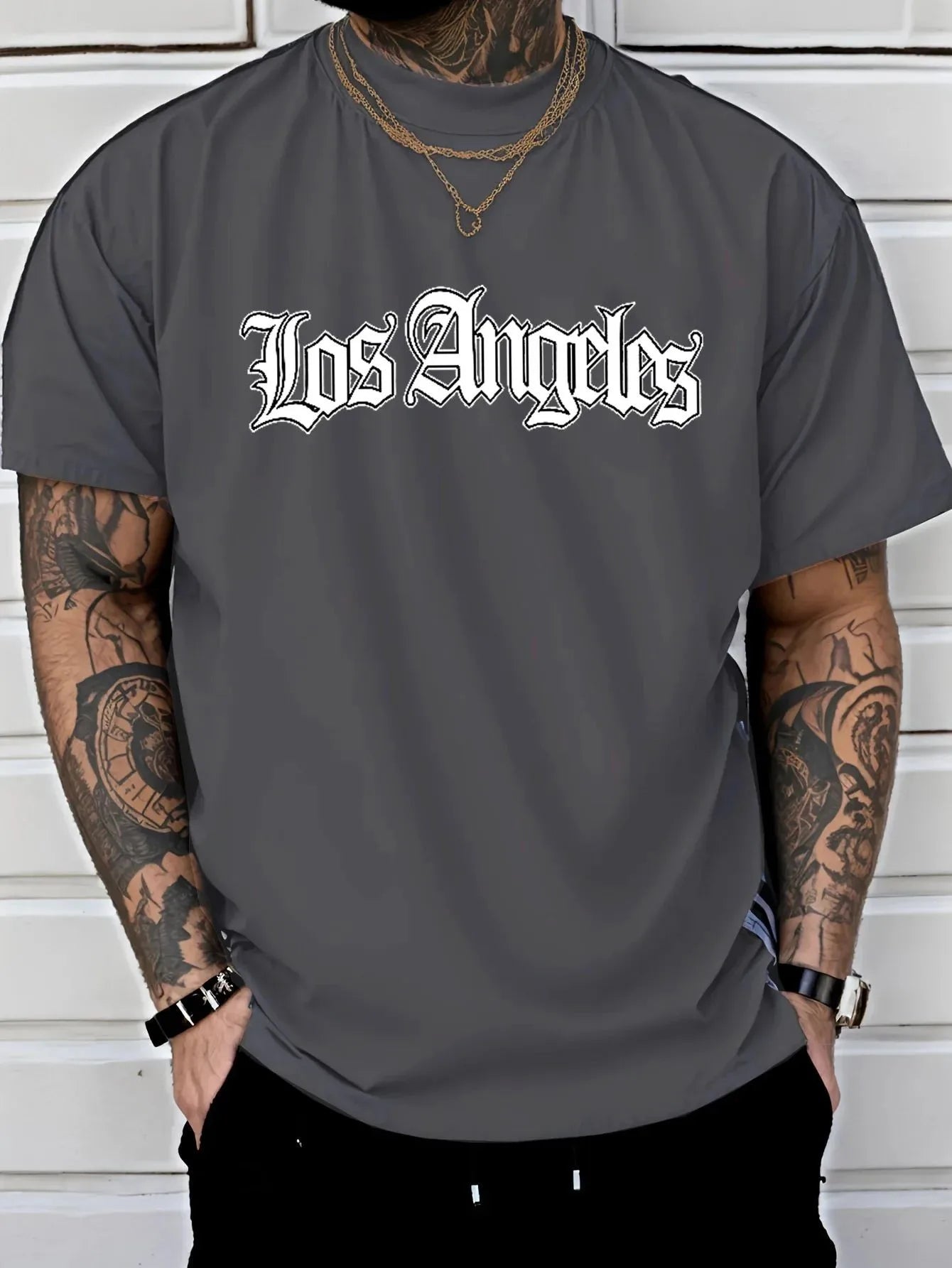 Men's Summer Sports Round Neck Comfortable Breathable T-shirt Los Angeles Letter Printed Polyester Fabric Casual Loose Top