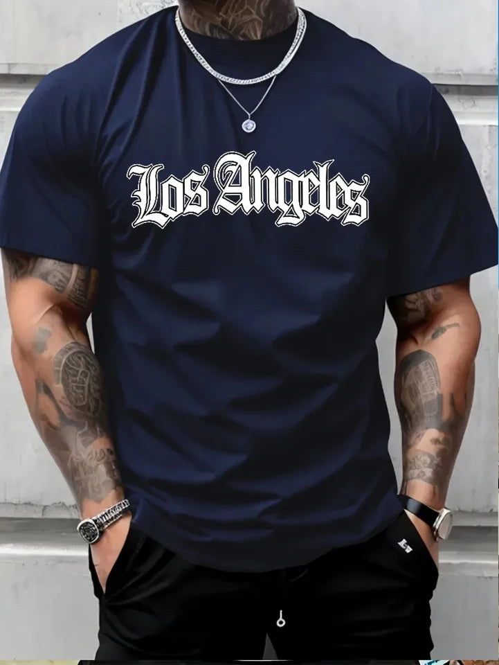 Men's Summer Sports Round Neck Comfortable Breathable T-shirt Los Angeles Letter Printed Polyester Fabric Casual Loose Top
