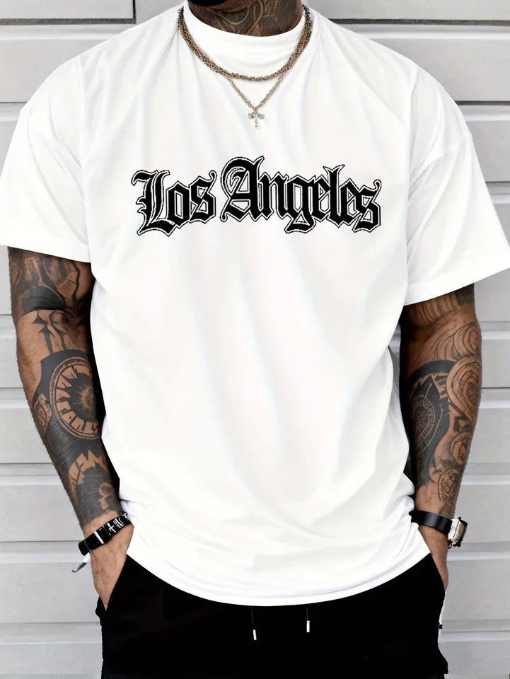 Men's Summer Sports Round Neck Comfortable Breathable T-shirt Los Angeles Letter Printed Polyester Fabric Casual Loose Top