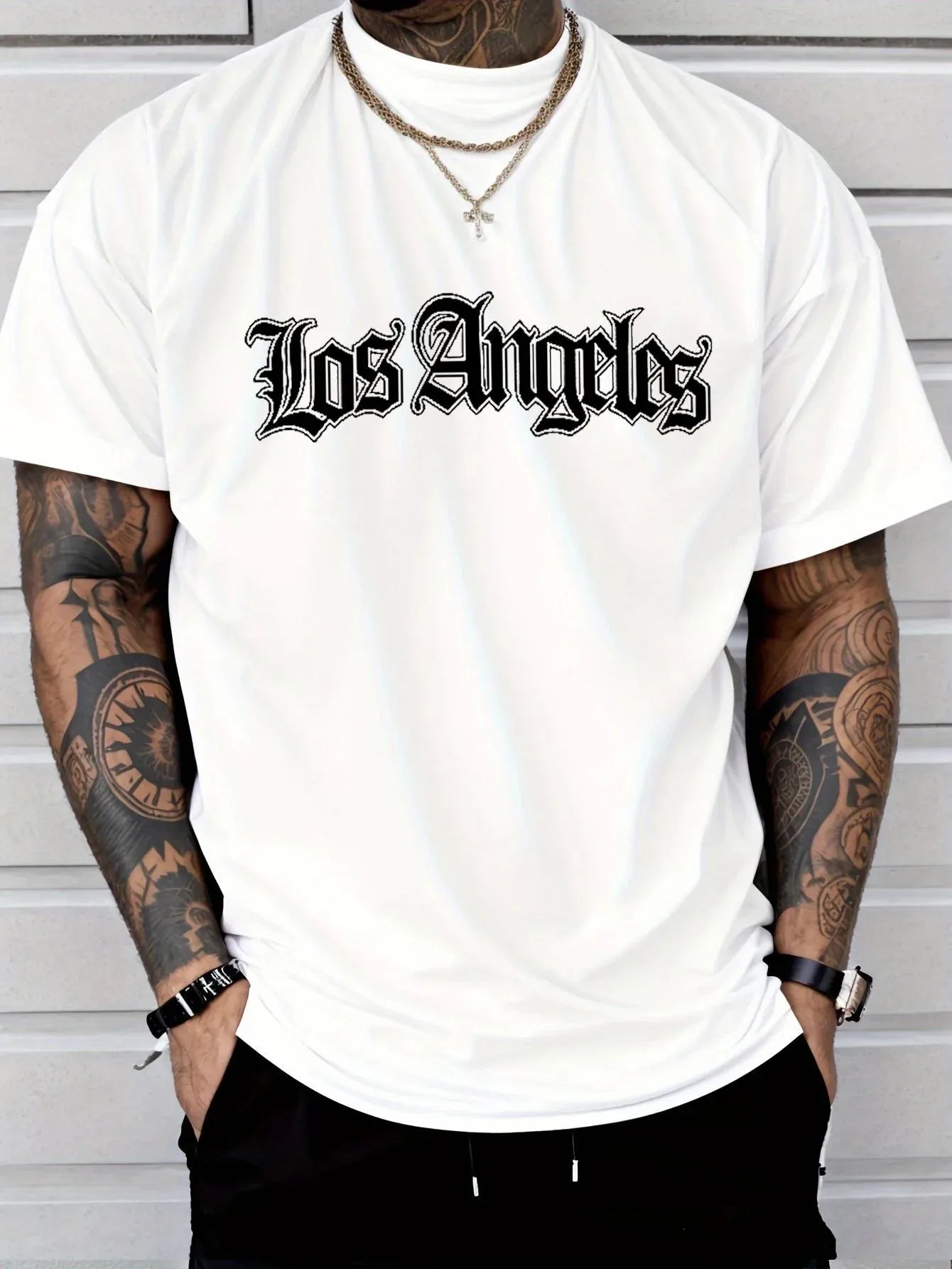 Men's Summer Sports Round Neck Comfortable Breathable T-shirt Los Angeles Letter Printed Polyester Fabric Casual Loose Top