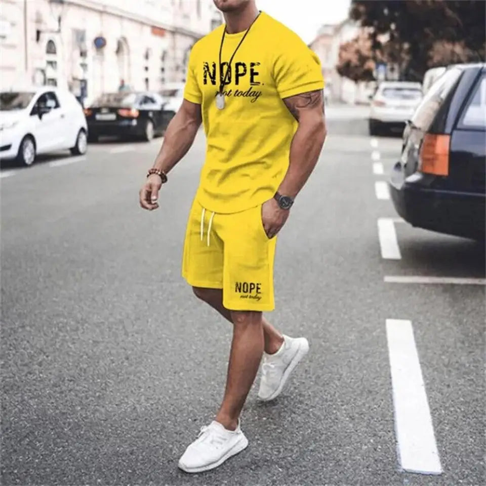 Fashionable men's summer new letter printed breathable round neck T-shirt shorts set outdoor quick drying casual clothing