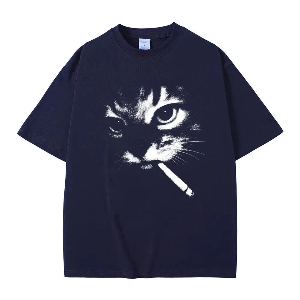 Funny Meme Smoking Cat Face Graphic T-shirts Men Women Casual Cotton Vintage T Shirts Men's Oversized T-shirts Cats Lovers Gifts