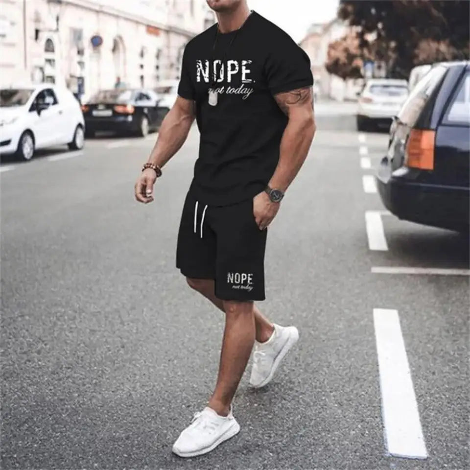 Fashionable men's summer new letter printed breathable round neck T-shirt shorts set outdoor quick drying casual clothing