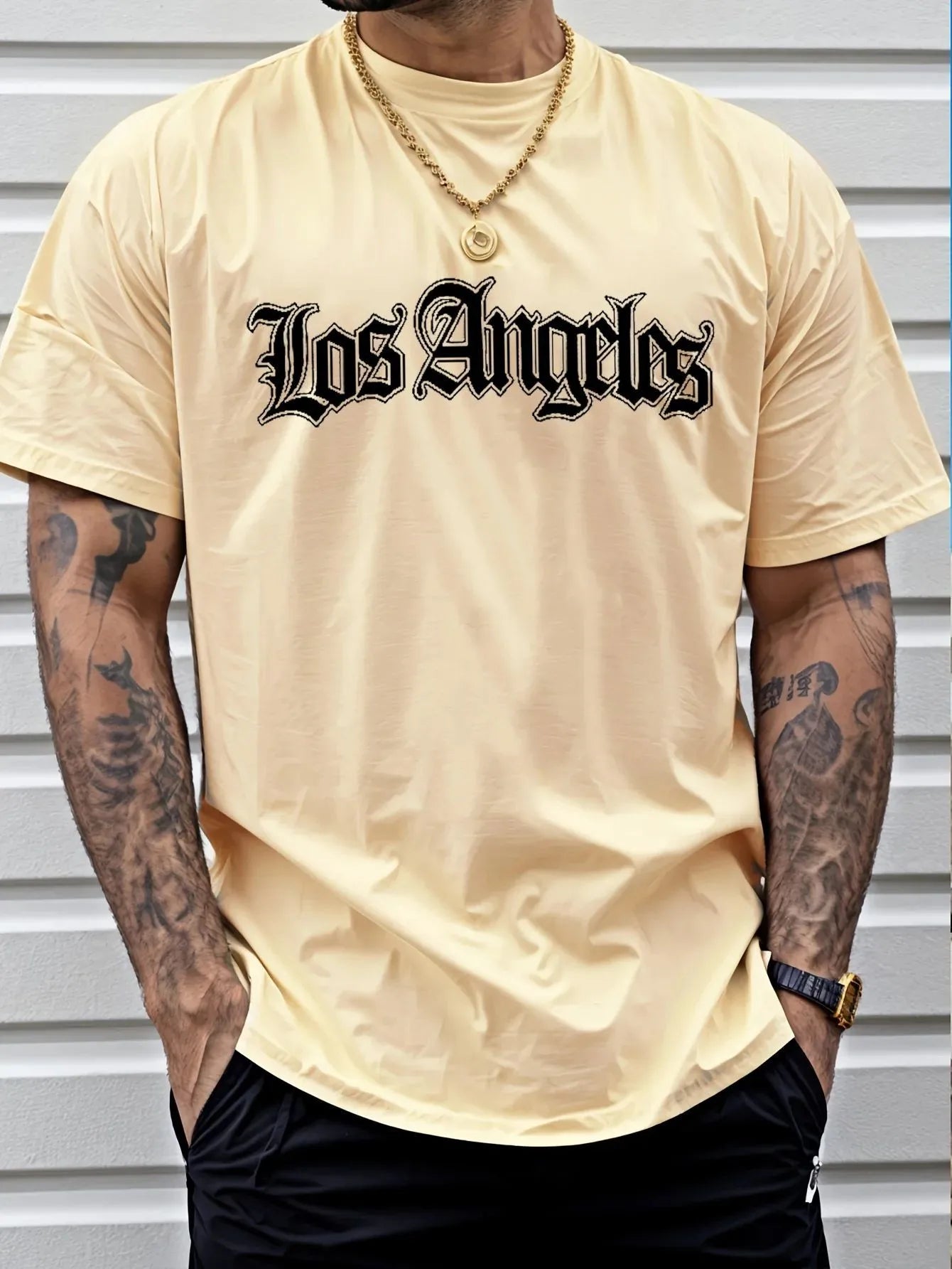 Men's Summer Sports Round Neck Comfortable Breathable T-shirt Los Angeles Letter Printed Polyester Fabric Casual Loose Top