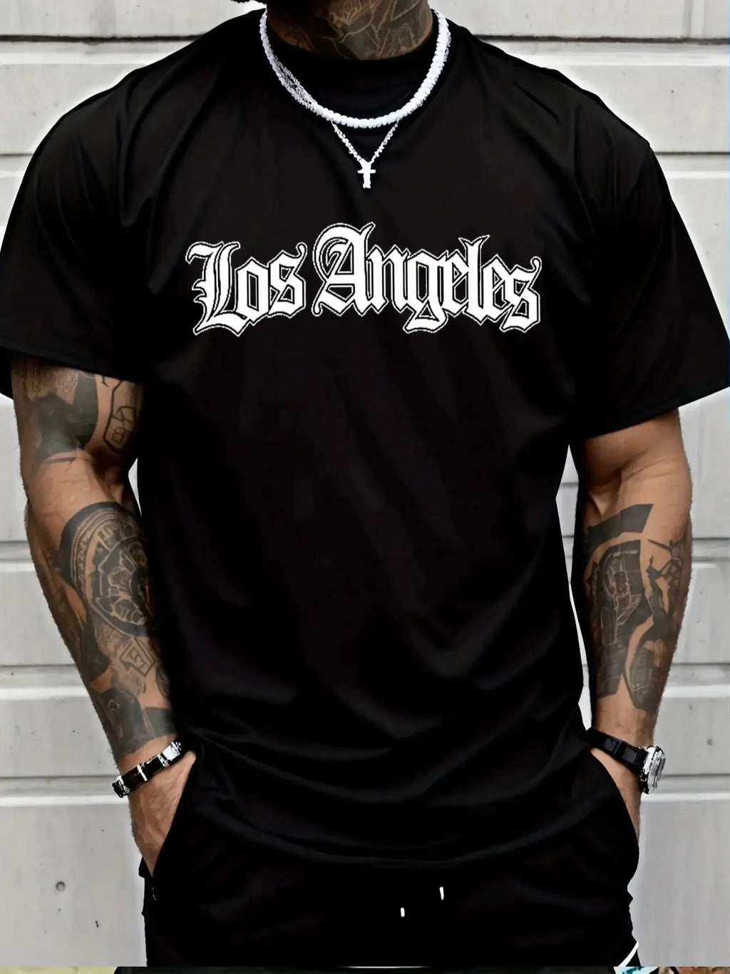 Men's Summer Sports Round Neck Comfortable Breathable T-shirt Los Angeles Letter Printed Polyester Fabric Casual Loose Top