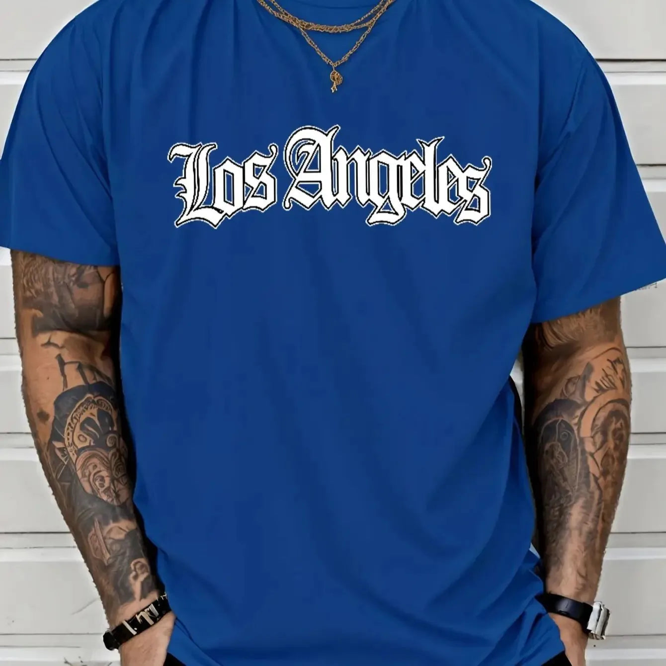 Men's Summer Sports Round Neck Comfortable Breathable T-shirt Los Angeles Letter Printed Polyester Fabric Casual Loose Top