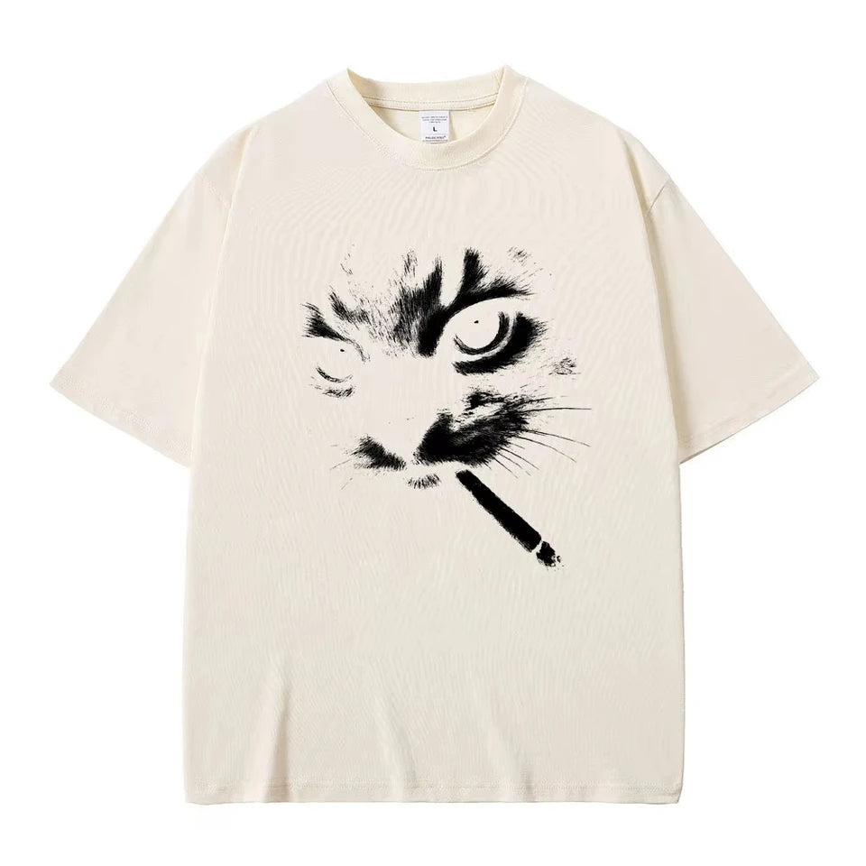 Funny Meme Smoking Cat Face Graphic T-shirts Men Women Casual Cotton Vintage T Shirts Men's Oversized T-shirts Cats Lovers Gifts