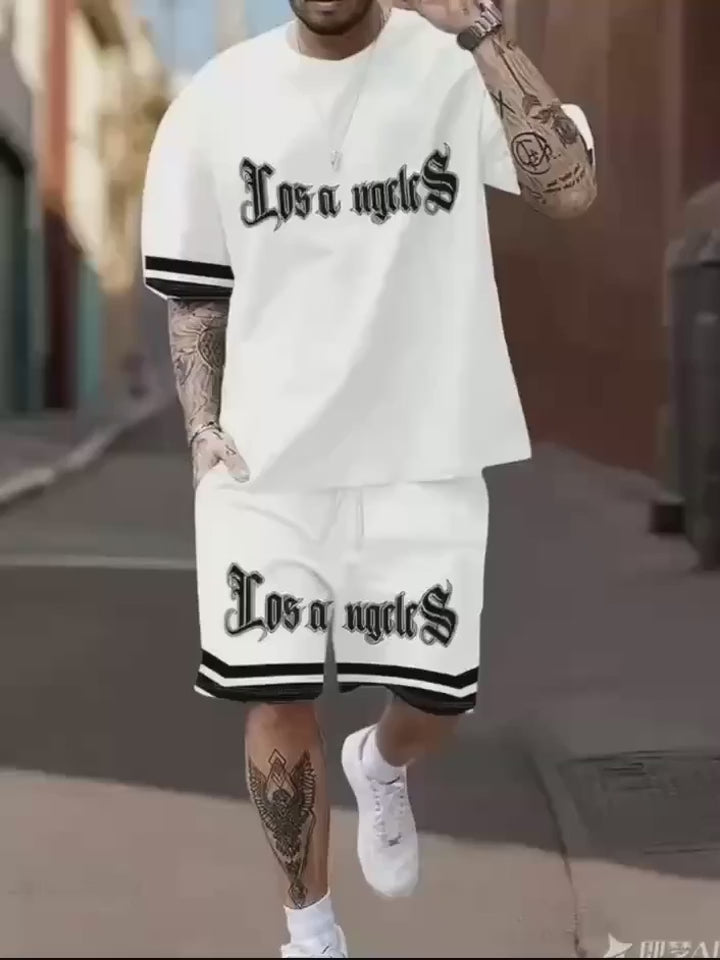 Fashionable Men's Summer Gothic Letter Printed Comfortable Breathable Round Neck T-shirt Shorts Set Outdoor Casual Clothing